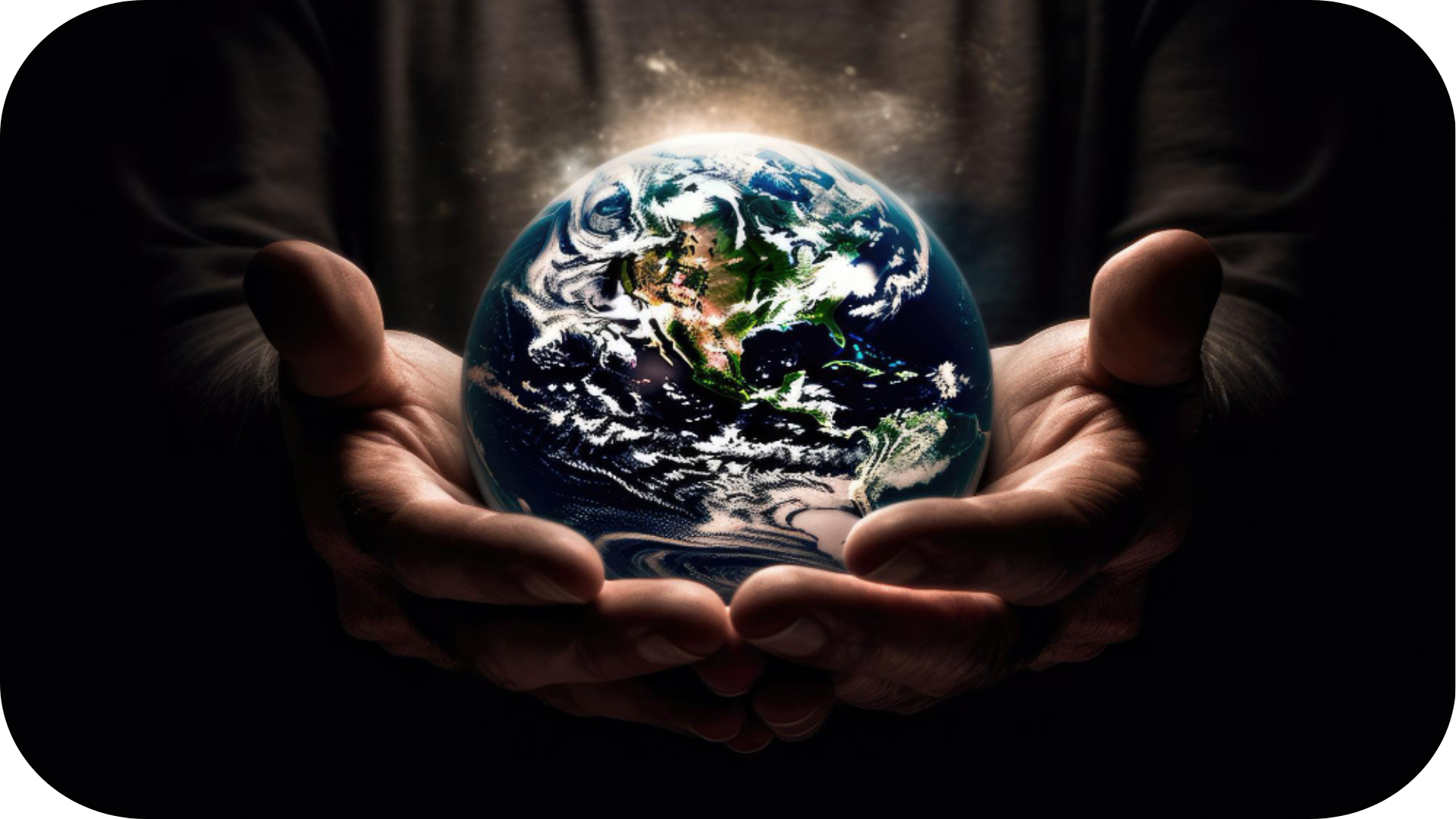 A pair of hands gently cradles a small, glowing Earth against a dark background. The planet is vividly detailed, showing continents and swirling clouds, symbolizing care and stewardship of the world.