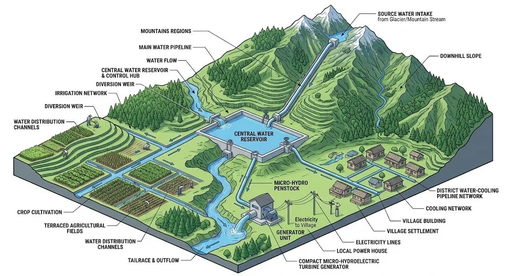 Isometric diagram showing a mountain water source feeding a central reservoir, which distributes water to a village for electricity generation, irrigation, and district cooling.