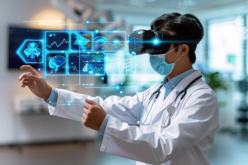 A doctor wearing a virtual reality headset and a mask interacts with a digital interface displaying medical holograms and diagrams, including heart and brain imagery, in a modern medical facility.