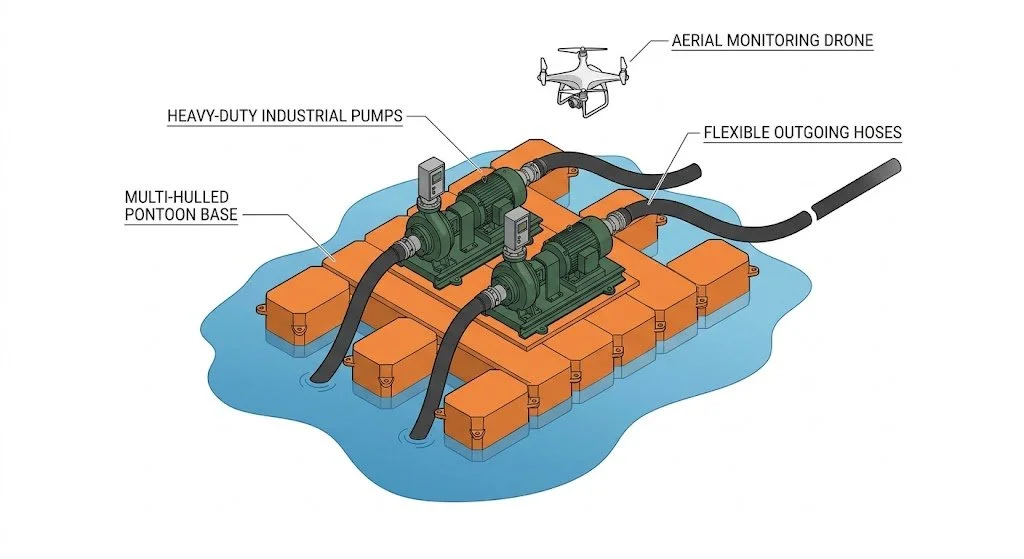 3D technical diagram of a glacial lake floating water pump system, featuring a multi-hulled pontoon base, heavy-duty industrial pumps, flexible hoses, and an aerial monitoring drone.