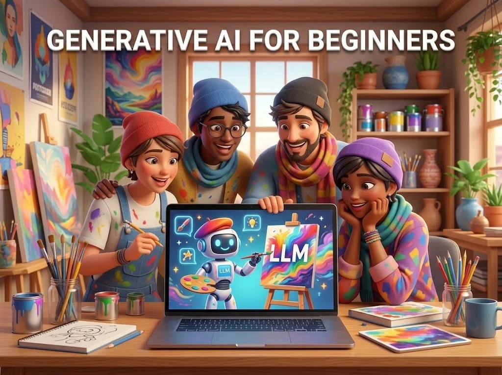 A 3D illustration of four people in an art-filled room gathering around a laptop, which shows a robot painting with the letters "LLM."