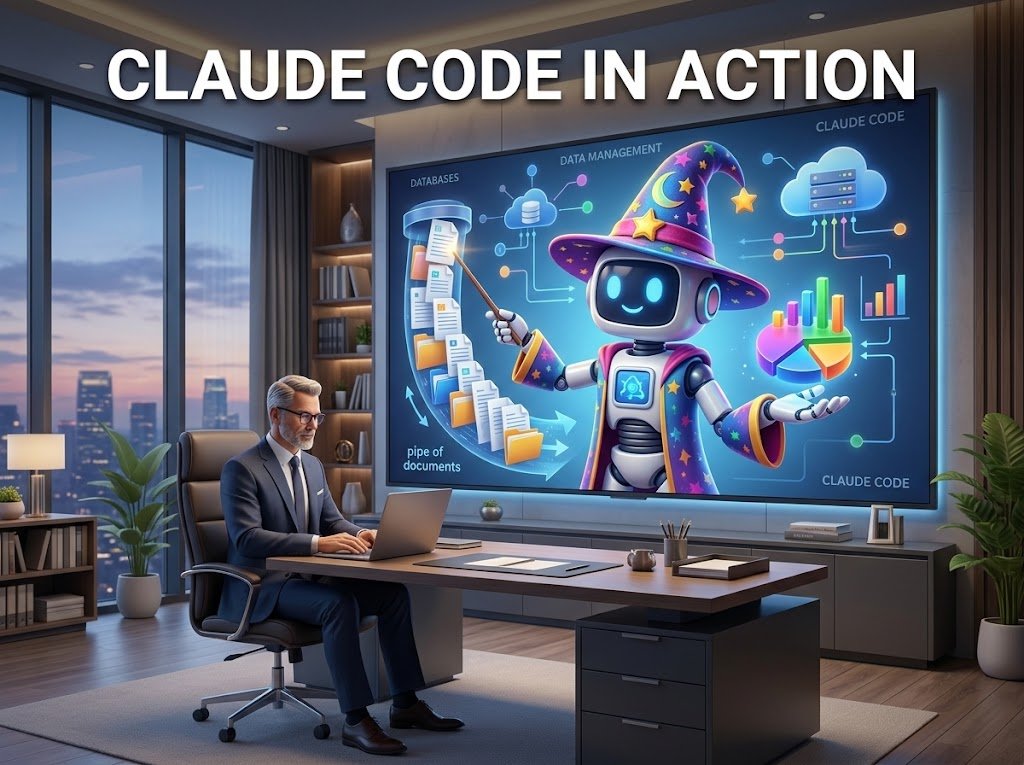Executive at a laptop with a large screen displaying a 3D wizard robot managing a document pipeline and pie charts.
