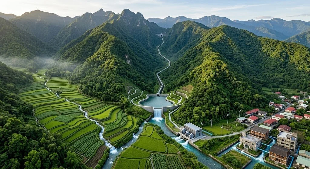 1.	Drone view of a lush vibrant green mountain valley with a crystal-clear fast-rushing river flowing through terraced agricultural fields and a downstream village under bright sunlight.