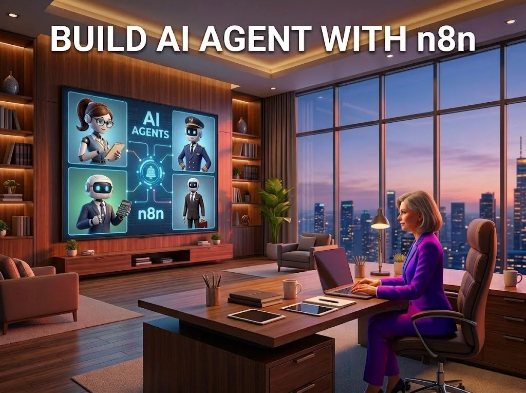 Female executive at a desk next to a large screen showing four 3D robot AI agents: a secretary, driver, accountant, and lawyer.