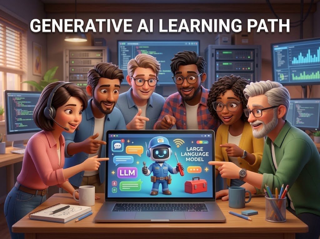 A 3D illustration of six diverse people gathered around a laptop in an IT server room, looking at a robot on a screen showing "LARGE LANGUAGE MODEL" and "LLM."