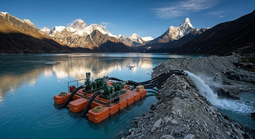 Wide photorealistic shot of a heavy-duty pump platform floating on an icy Himalayan glacial lake, actively pumping water over a rocky dam with snow-capped mountains in the background.