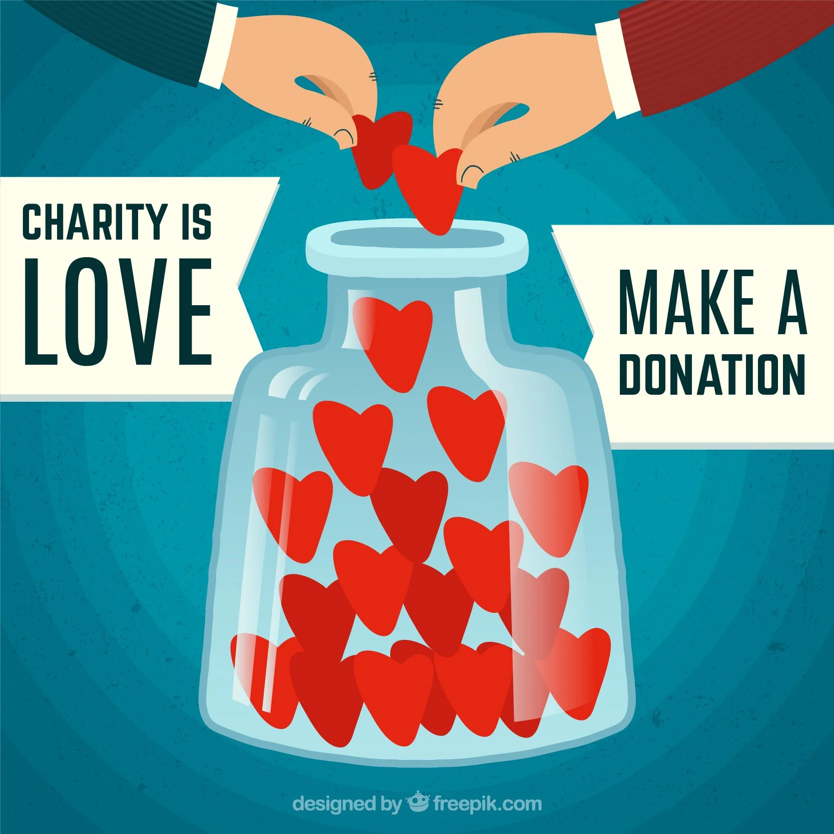 A circular graphic illustration showing two hands dropping red hearts into a glass jar. To the left, a banner reads "Charity is Love," and to the right, a banner says "Make a Donation." The background is a textured teal color.