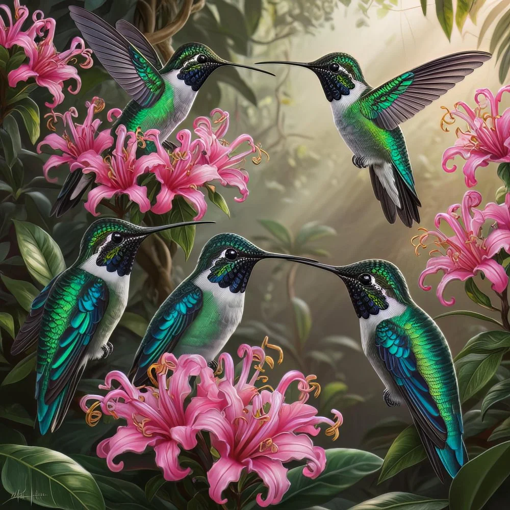 Five vibrantly colored hummingbirds with iridescent green and blue feathers hover and perch around pink flowers in a lush, sunlit jungle setting. Their wings are outstretched as they feed on the flowers nectar.