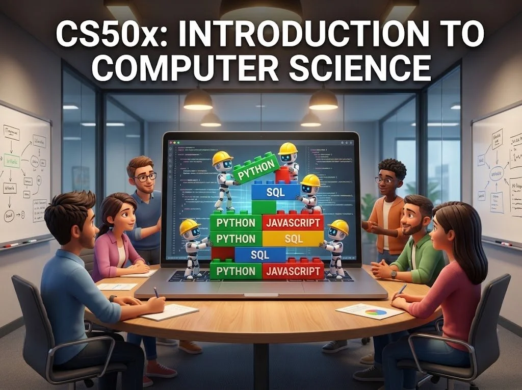 A group of IT engineers around a laptop showing 3D robots building with Python, SQL, and JavaScript Lego-like blocks.
