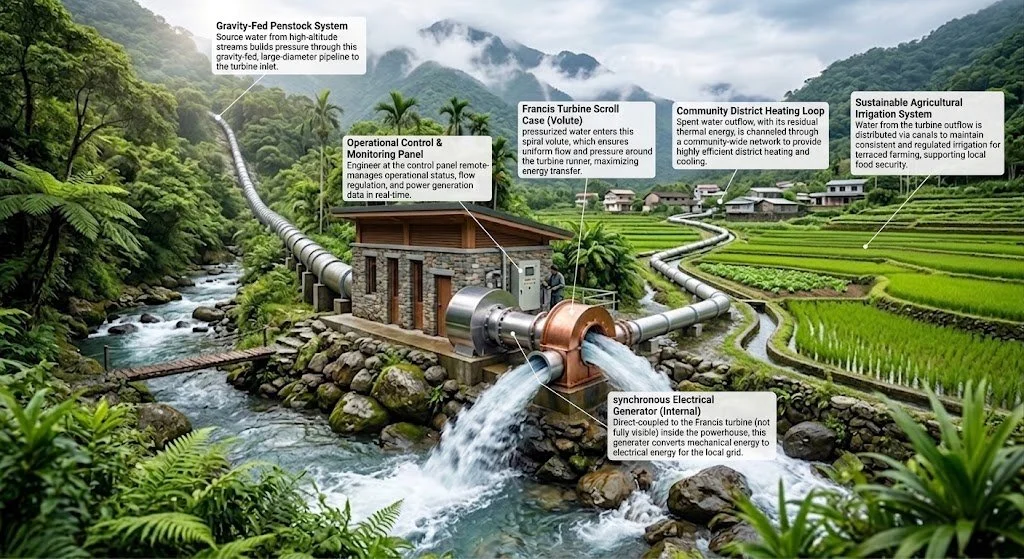 Diagram of a compact micro-hydroelectric generator system in a valley, showing gravity-fed water flow powering a turbine for electricity, heating, and irrigation.
