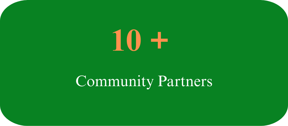 Green impact block showing "10 plus Community Partners"