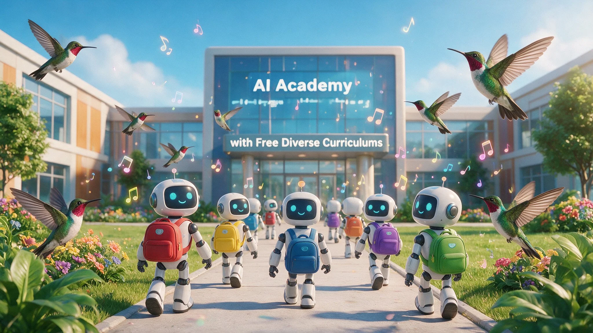 3D cartoon of cheerful robots with colorful backpacks walking toward the "AI Academy", surrounded by flying hummingbirds and musical notes.