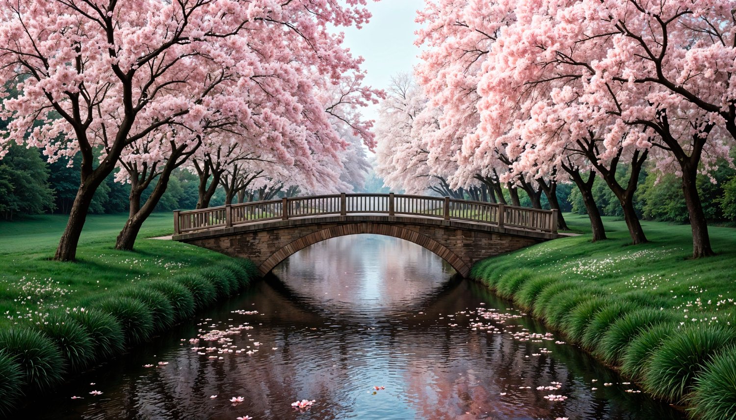 A serene of a traditional wooden arched bridge crossing a calm river. The scene is framed by vibrant pink cherry blossom trees in full bloom, with petals scattered on the water's surface, reflecting a peaceful and contemplative atmosphere.