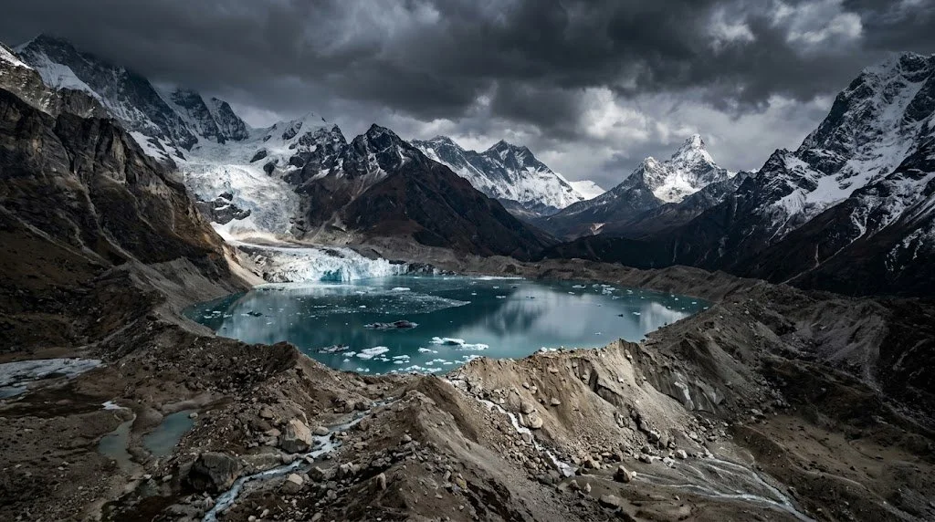 1.	A massive icy glacial barrel lake nestled high in steep Himalayan mountains, precariously held back by a fragile natural moraine dam of rocks and dirt under dark stormy clouds.
