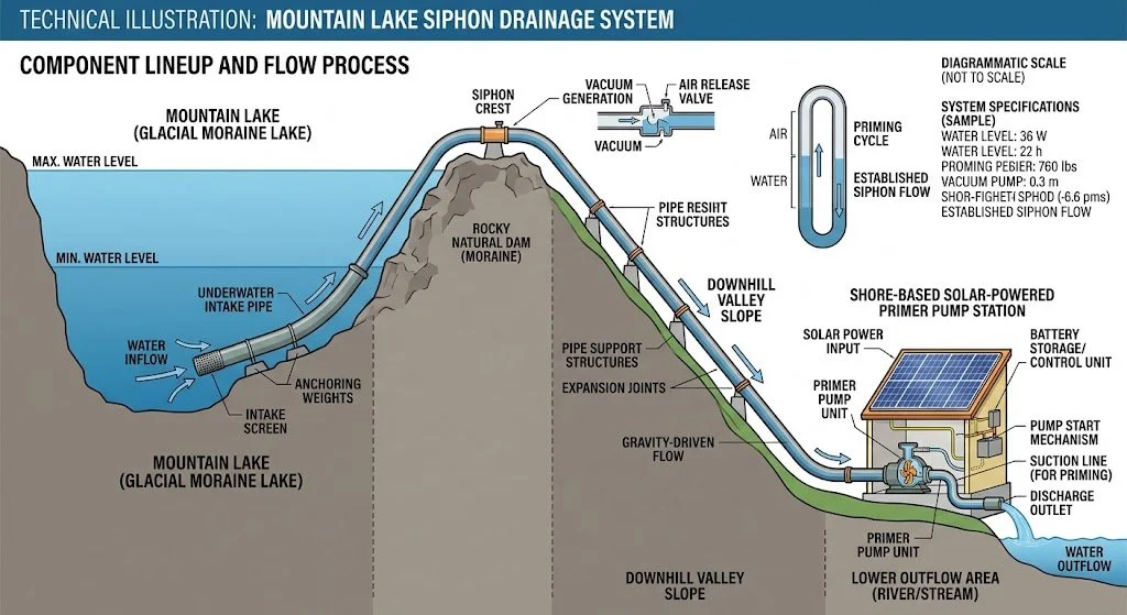 Technical cross-section illustration of a mountain lake siphon drainage system, detailing the underwater intake pipe, rocky natural dam, downhill valley slope, and a shore-based solar-powered pump station.
