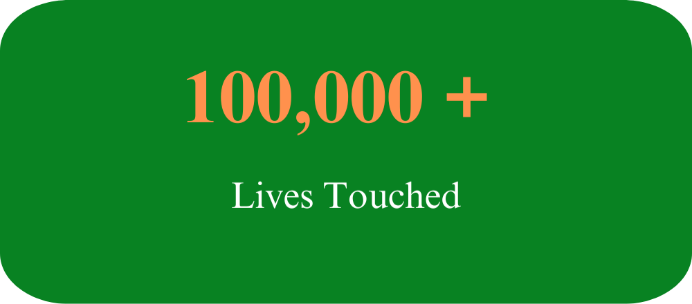 Green impact block showing "100,000 plus Lives Touched".