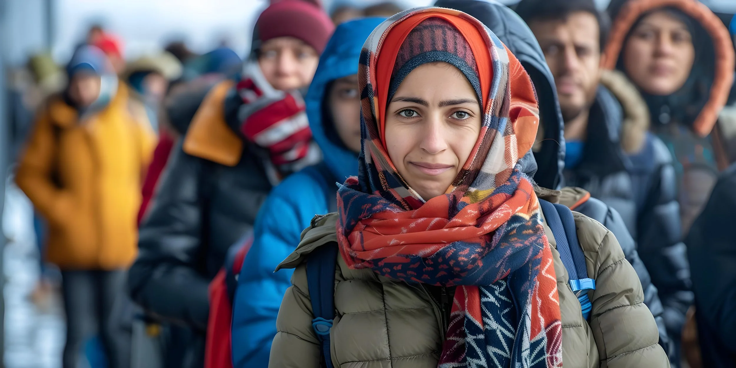 A woman wearing a colorful headscarf and a green coat stands in focus among a line of people outdoors. Others in the background wear winter clothing, suggesting a cold environment. The mood appears calm and orderly.