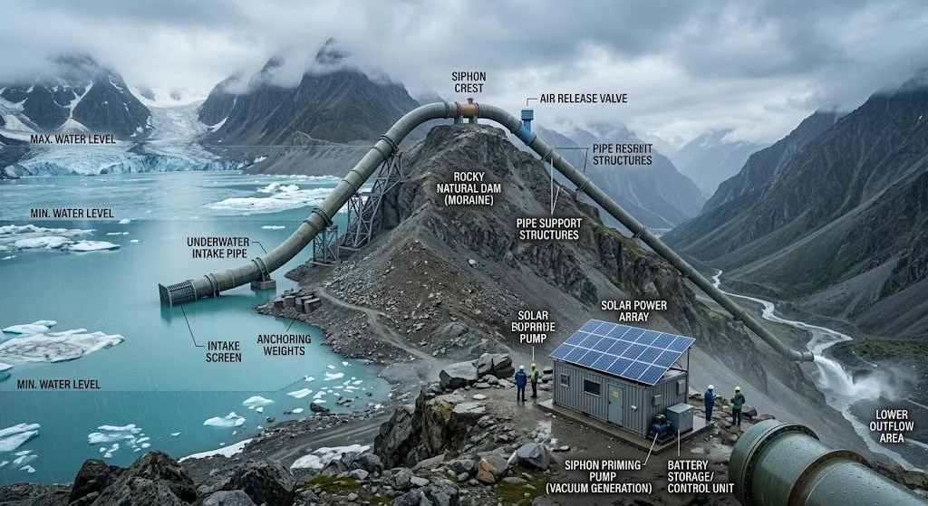 Cinematic, annotated photograph showing a massive industrial siphon pipe drawing water from an icy glacial lake over a rocky ridge, powered by a small solar-pump station on the shore.