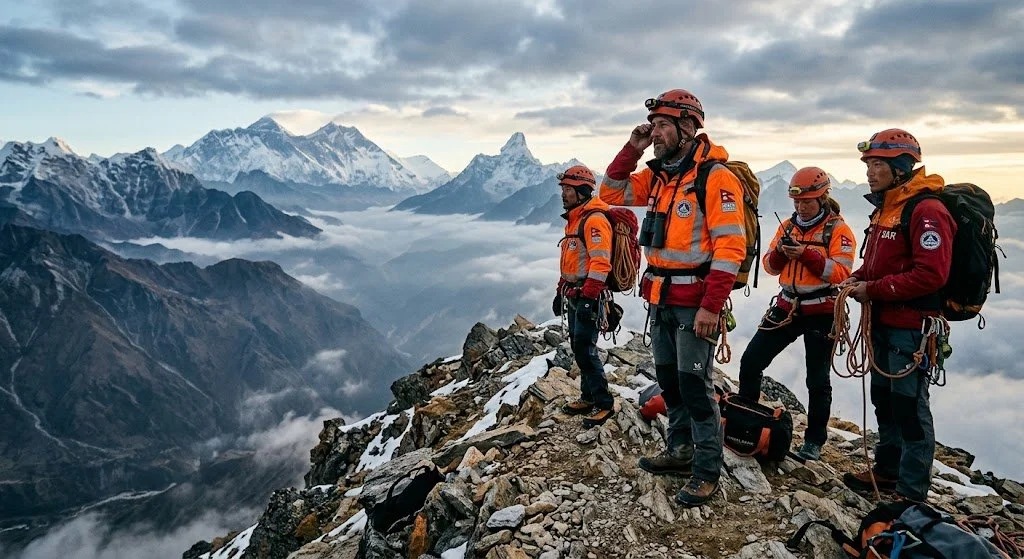 2.	A team of four rescue workers wearing high-visibility orange jackets and helmets on a high-altitude rocky ridge with towering snow-capped Himalayan peaks in the background.