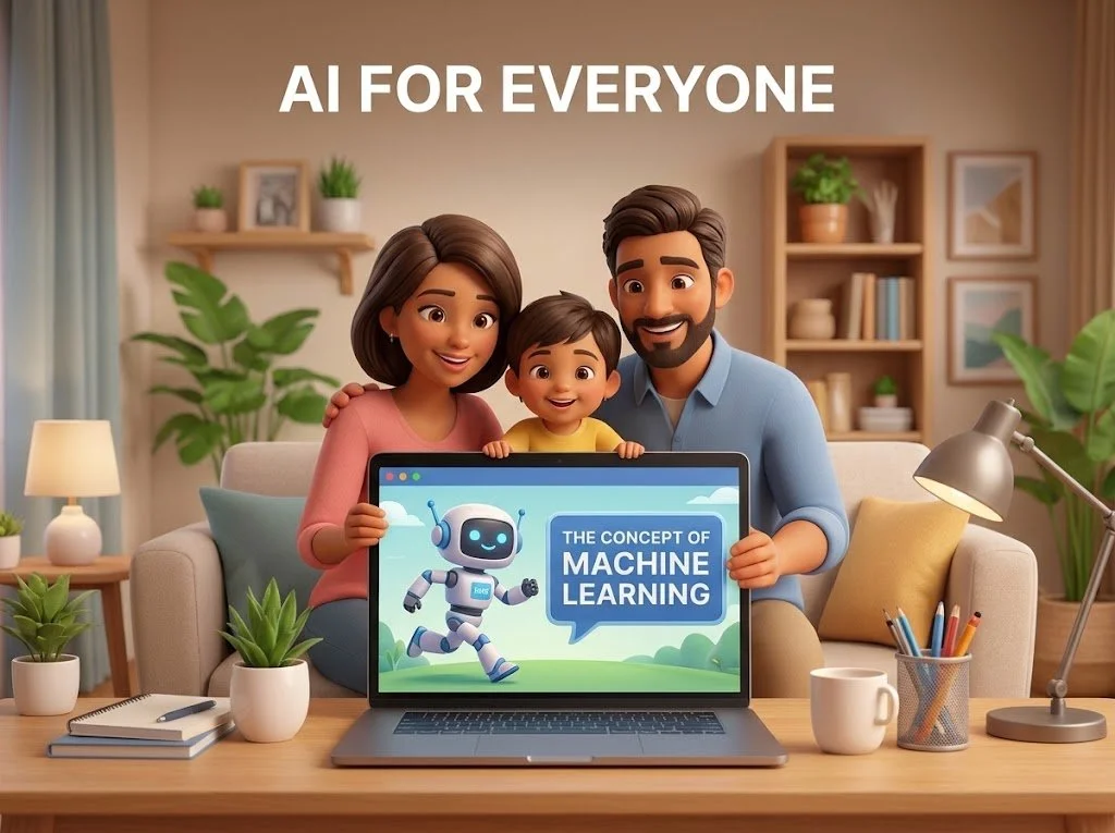 A 3D illustration of a family gathered around a laptop on a living room table, displaying "THE CONCEPT OF MACHINE LEARNING" with a small robot.