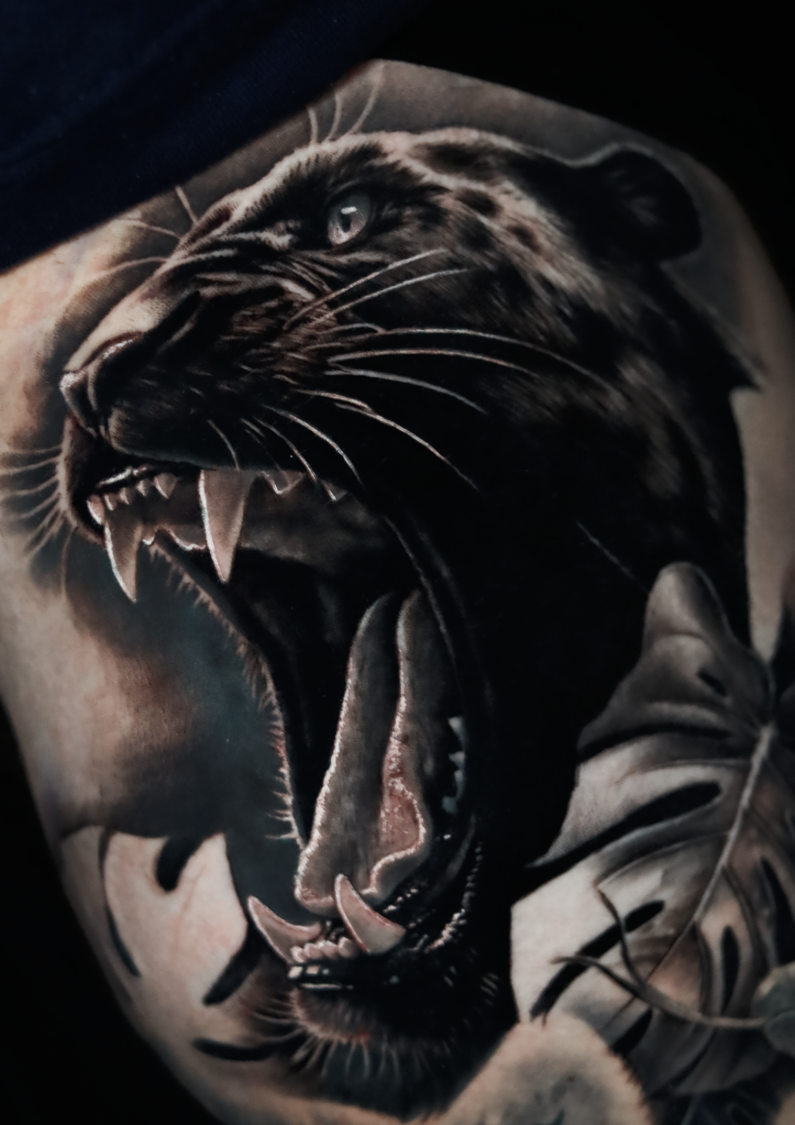 Tattoo of a roaring black panther on a person's shoulder.