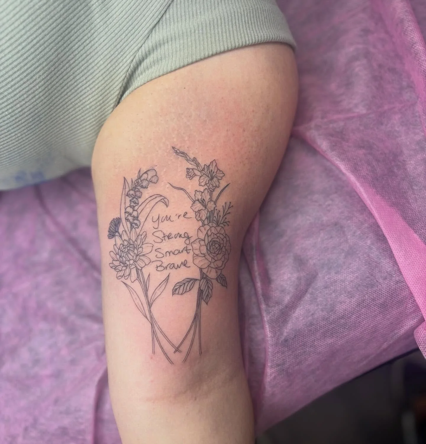 Family birth flowers and her mom&rsquo;s handwriting ❤️ #floraltattoo #tattoo #finelinetattoo #tattooartist #handwritingtattoo