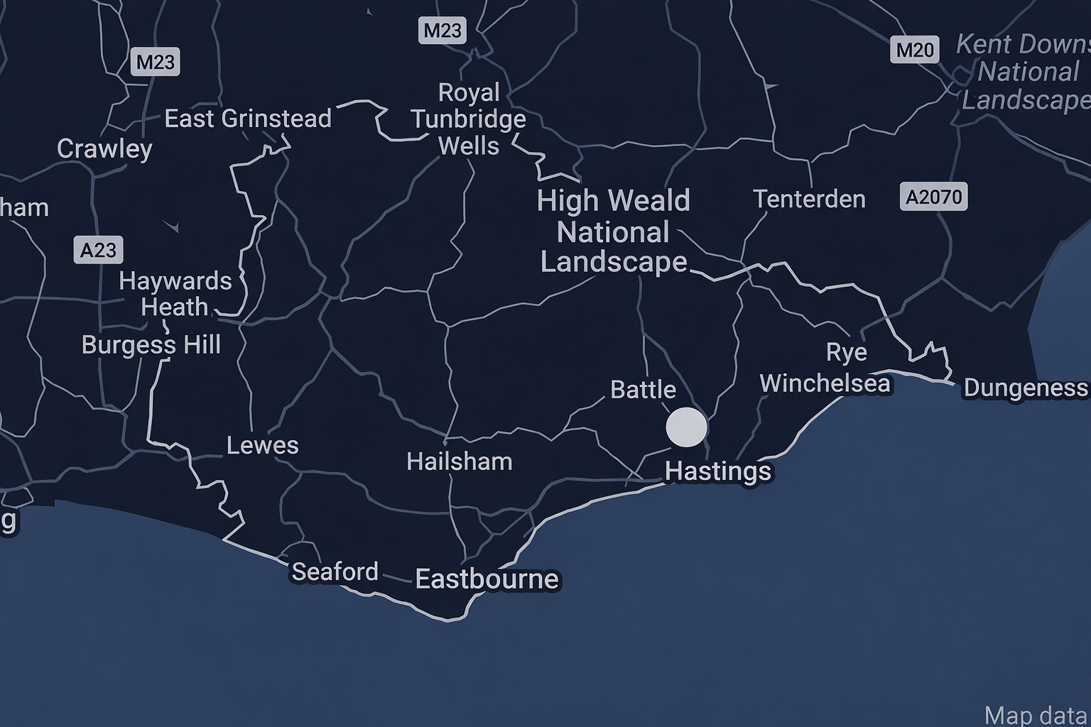 Black and white map of east sussex