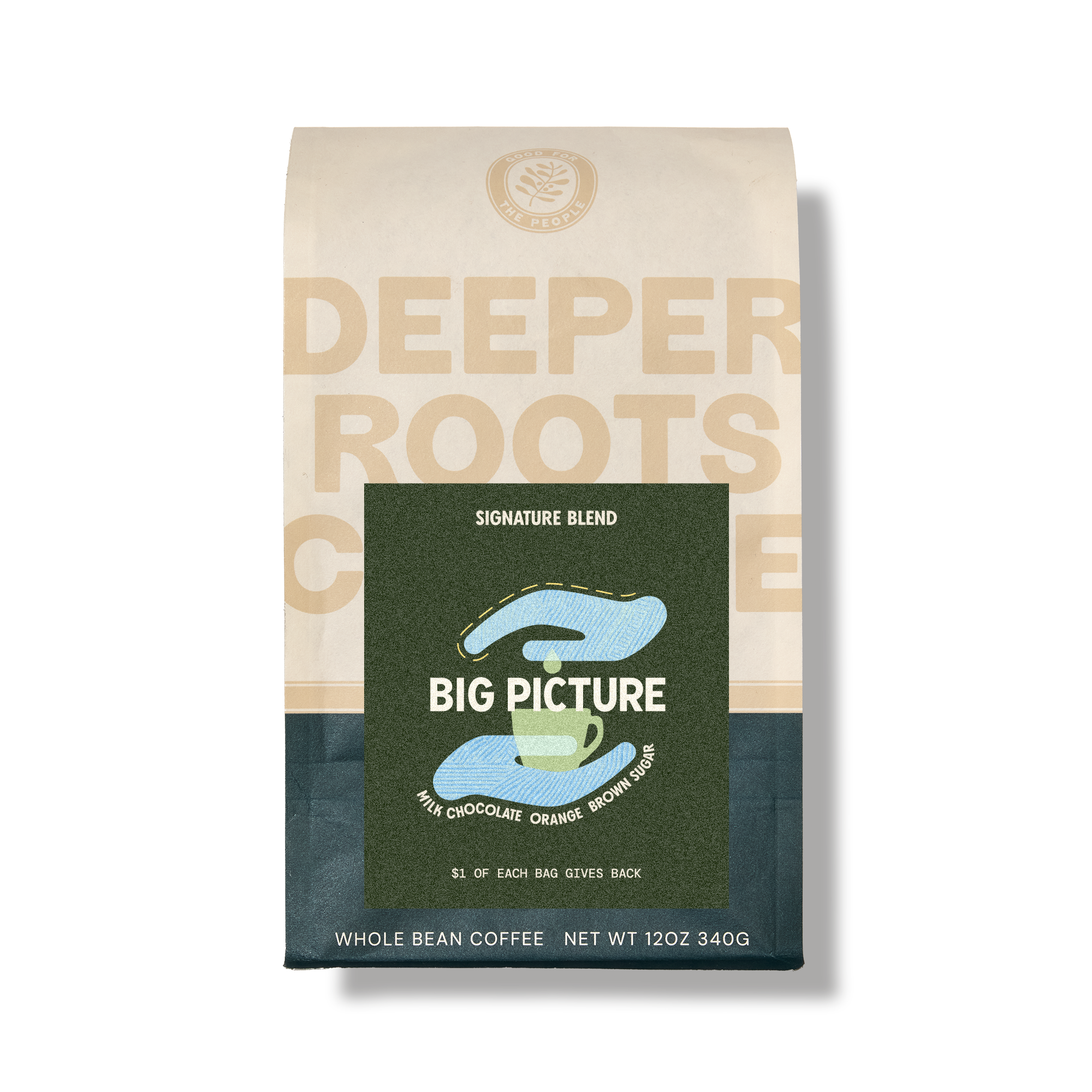Bag of Whole Bean Coffee with a label that reads 'Big Picture' and features a graphic of a hand holding a cup, with ingredients listed as milk, chocolate, orange, and brown sugar.