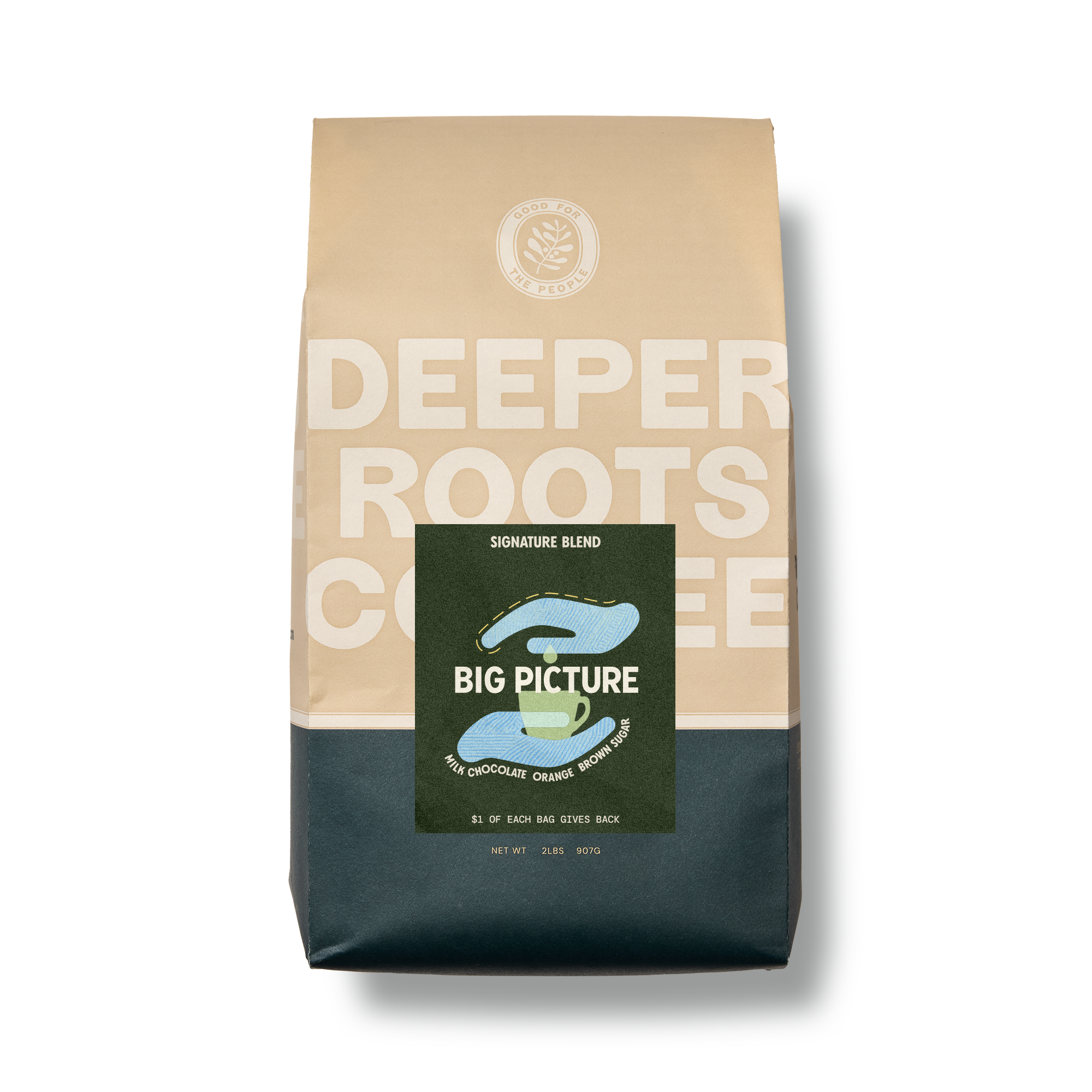 A 2-pound bag of coffee with beige, navy, and green packaging, labeled "Deeper Roots Coffee," featuring a green label with the brand "Big Picture," and flavors including milk chocolate, orange, brown sugar, and having a net weight of 907 grams.