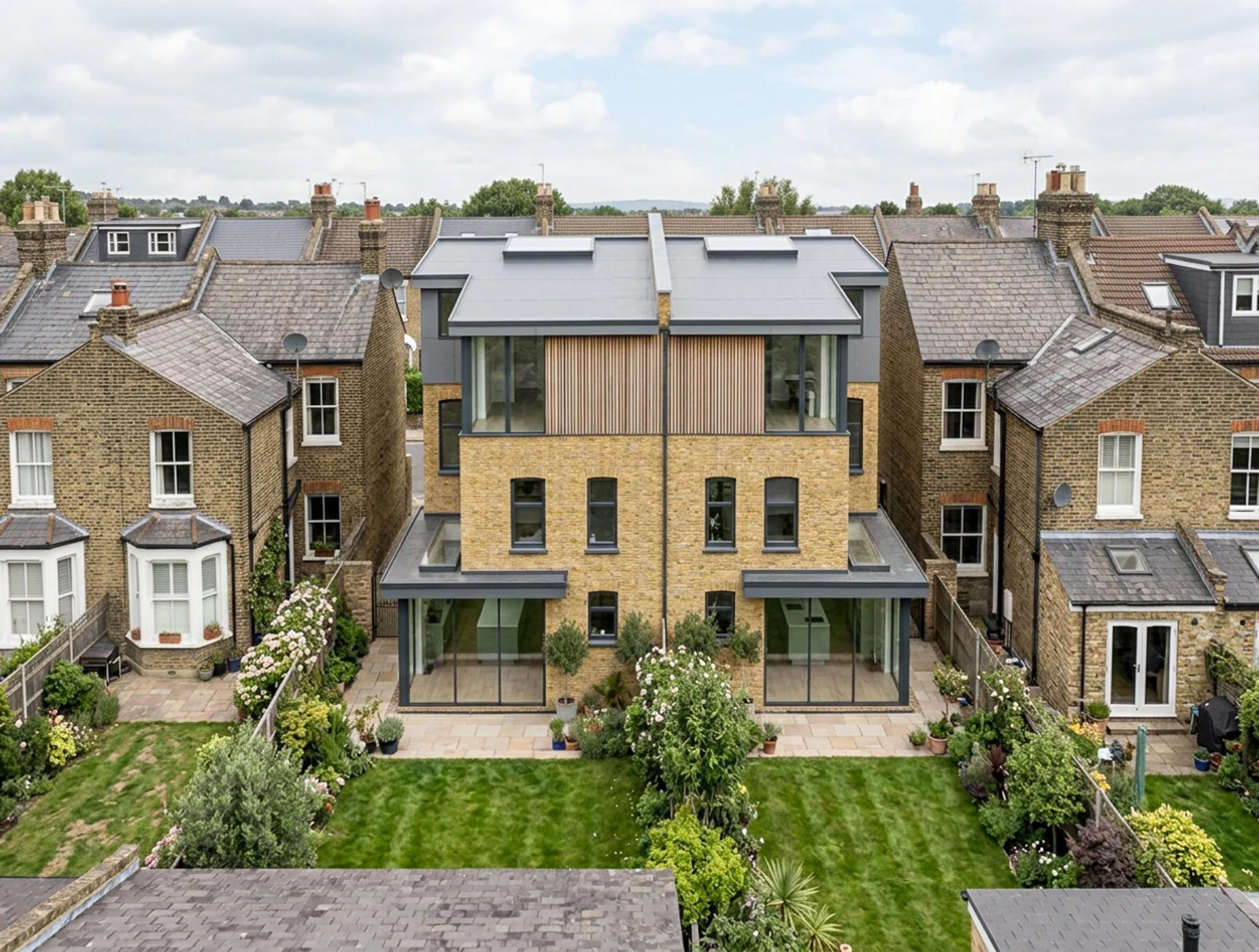 Aerial view of a contemporary residential development in London, featuring modern rear extensions, landscaped gardens and surrounding period homes.