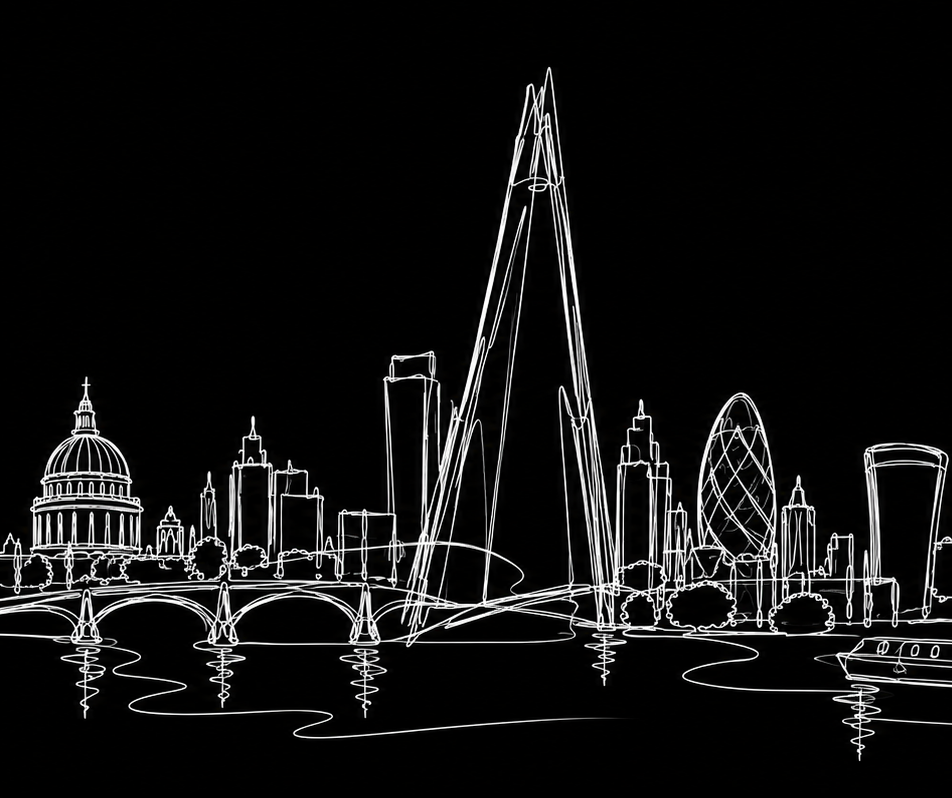 A white line drawing on a black background of the London cityscape