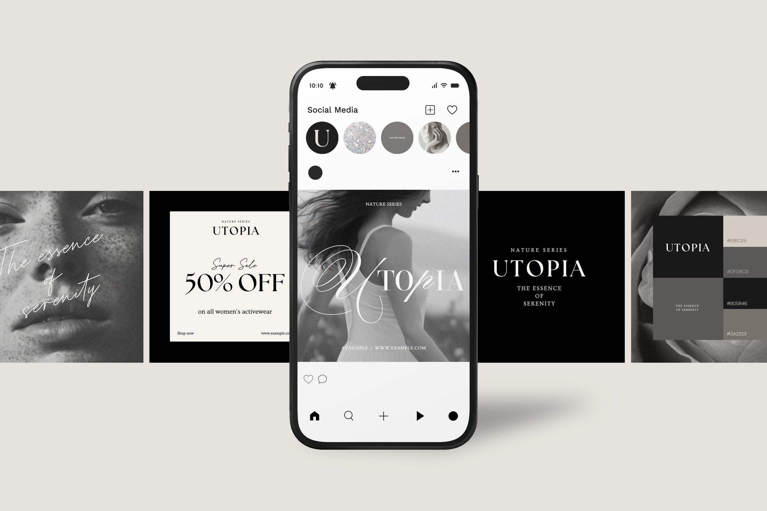 Branding and social media design mockup for the Utopia campaign, showcasing minimalist visuals, elegant typography, and a cohesive aesthetic across Instagram posts, colour palette, and mobile display.