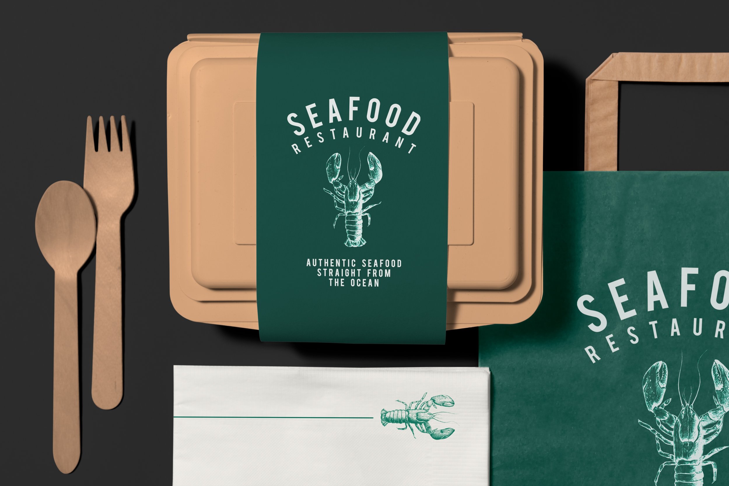 Branded packaging mockup for a seafood restaurant, featuring a green wrap with a lobster illustration and the tagline “Authentic Seafood Straight from the Ocean,” alongside eco-friendly cutlery, a napkin, and a kraft paper bag, showcasing cohesive vi