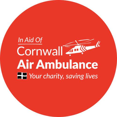 White cornwall air ambulance charity logo on a red background