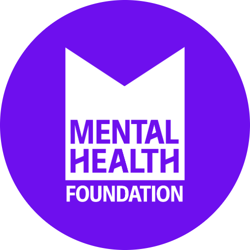 White mental health foundation logo on a purple background