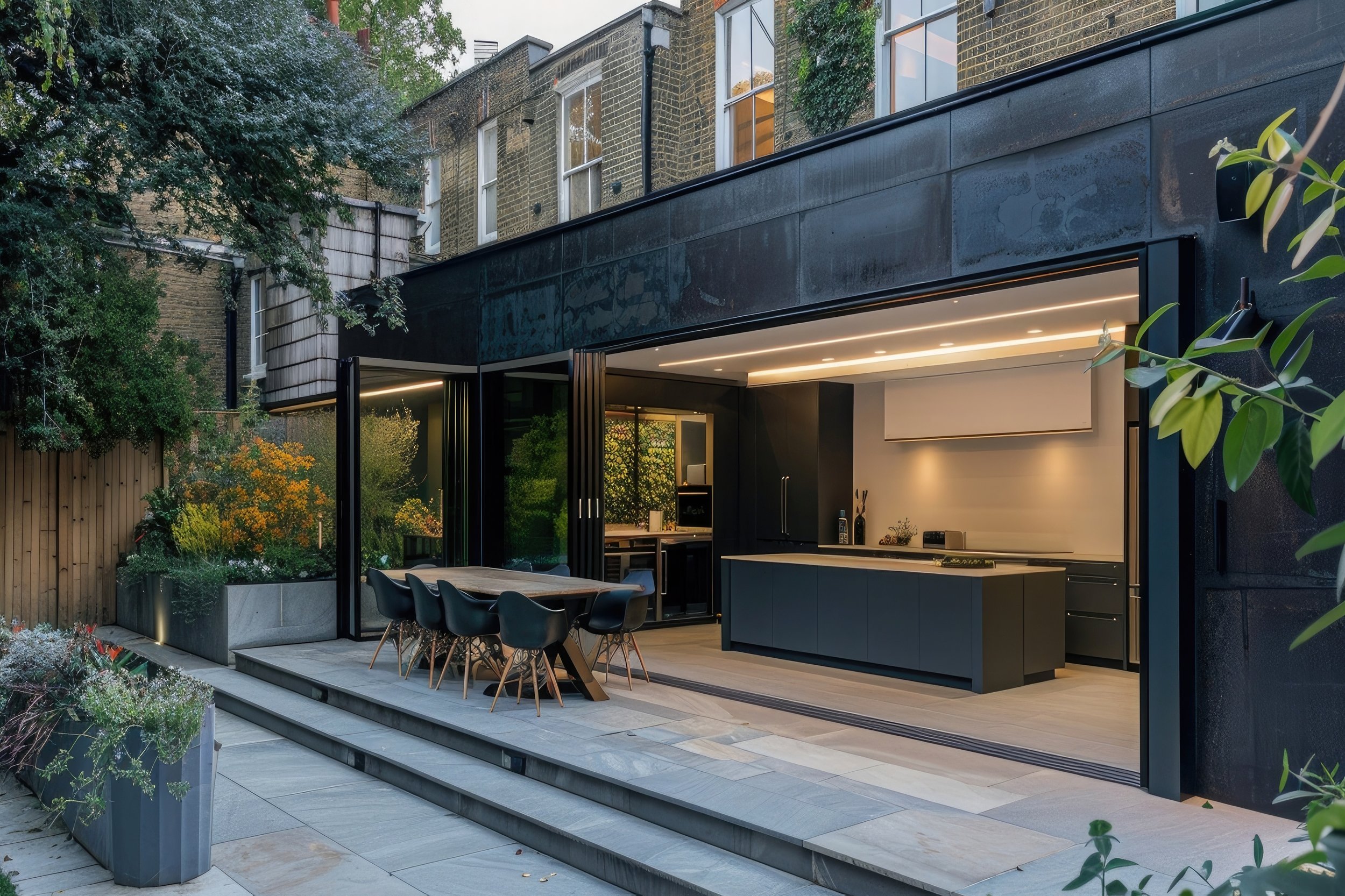 Contemporary home extension featuring a sleek black kitchen with folding glass doors that open onto a landscaped garden with integrated outdoor dining, a seamless blend of interior and exterior design