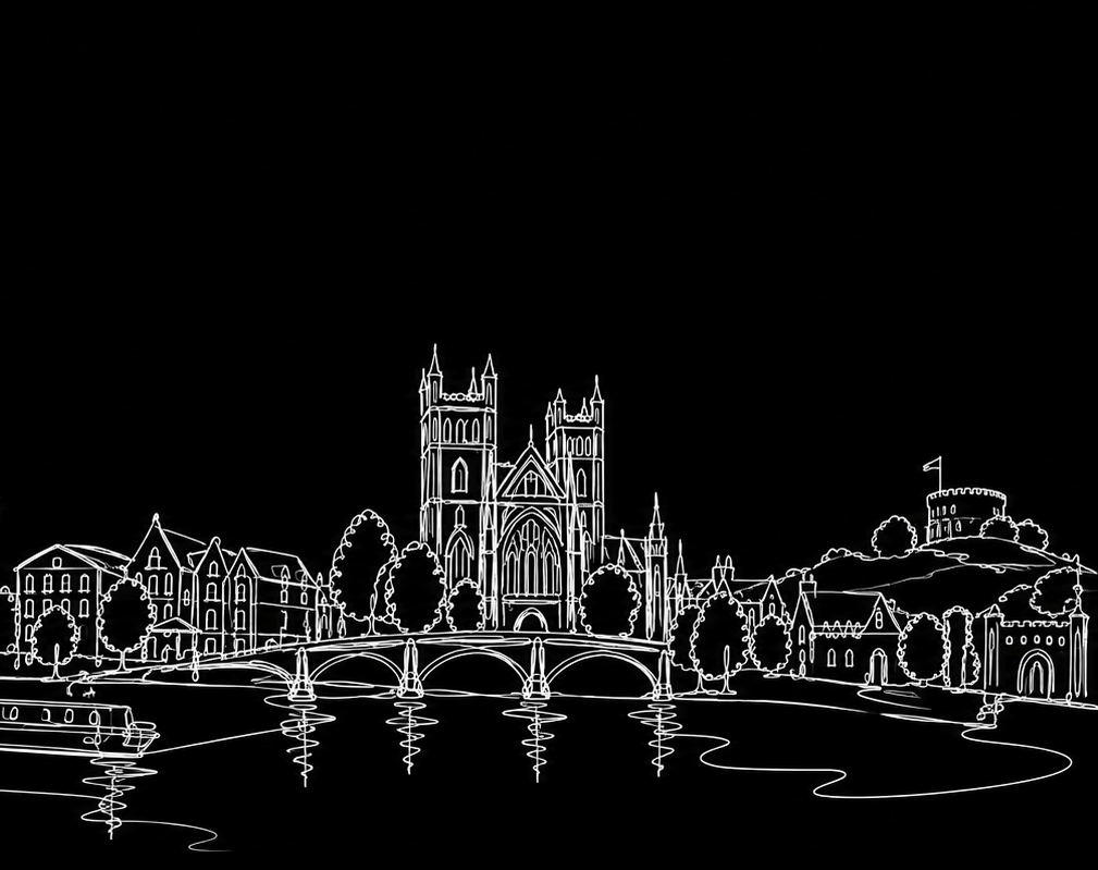A white line drawing on a black background of the Exeter cityscape