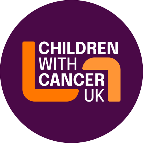 White and orange children with cancer uk logo on a purple background