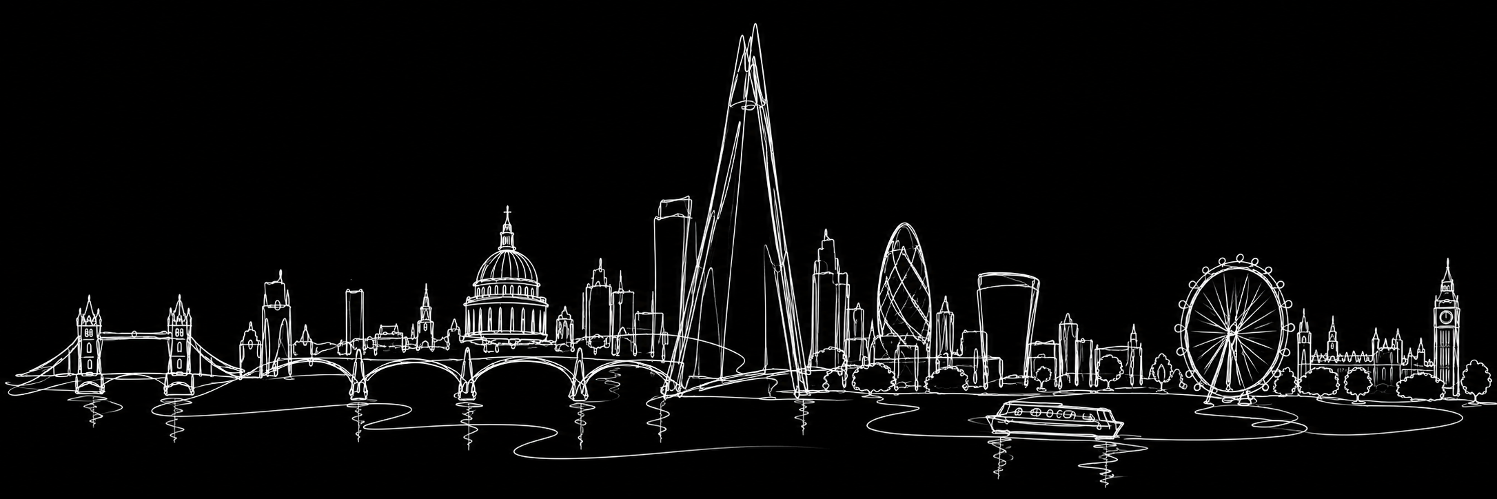White neon-style outline of London skyline on black background, featuring Tower Bridge, St. Paul's Cathedral, The Shard, Gherkin, London Eye, Big Ben, and other skyscrapers.