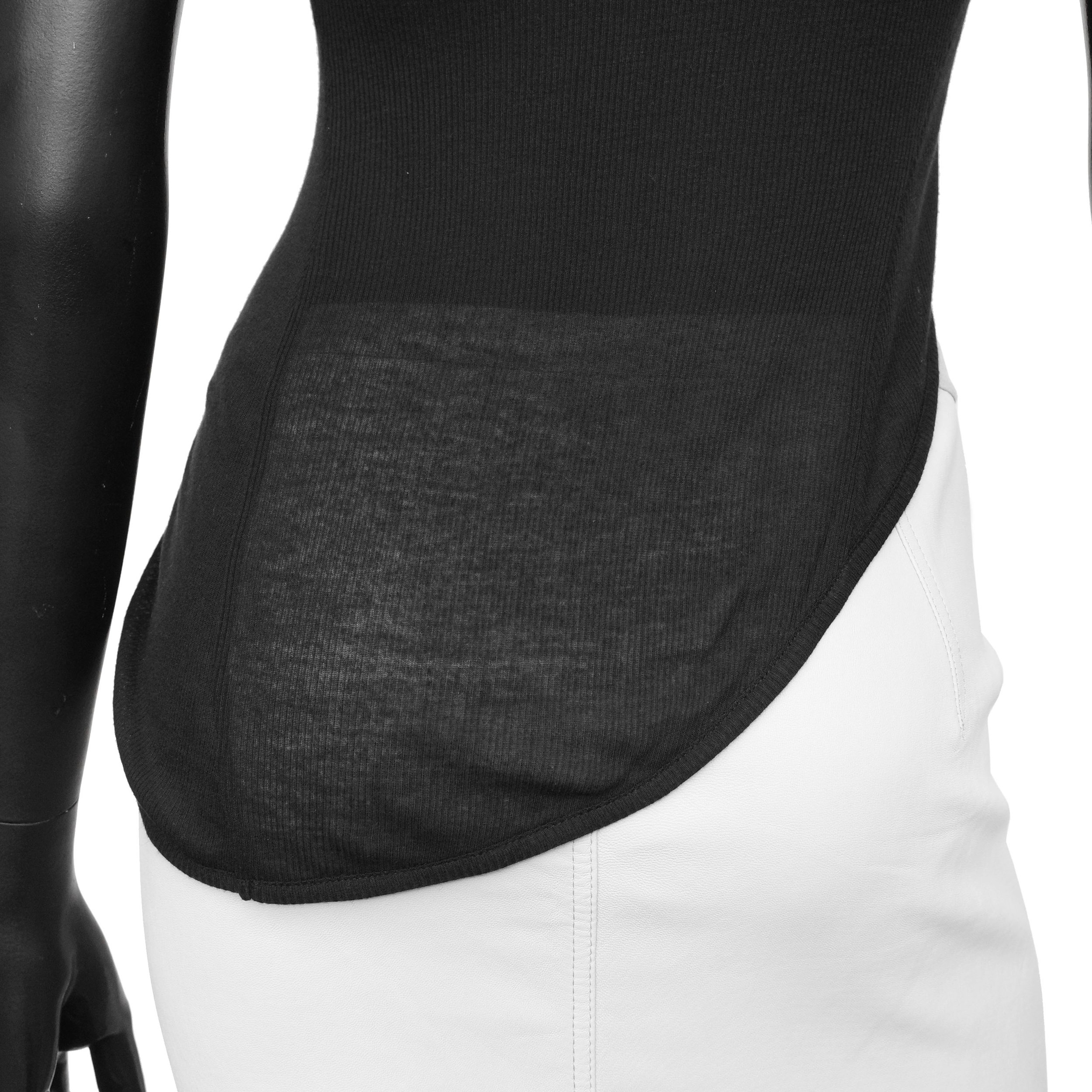 Ann Demeulemeester 2000s rib knit tank top with an asymmetric hem and racerback. Size FR 36 / UK 8. Available at Artefact Archive.