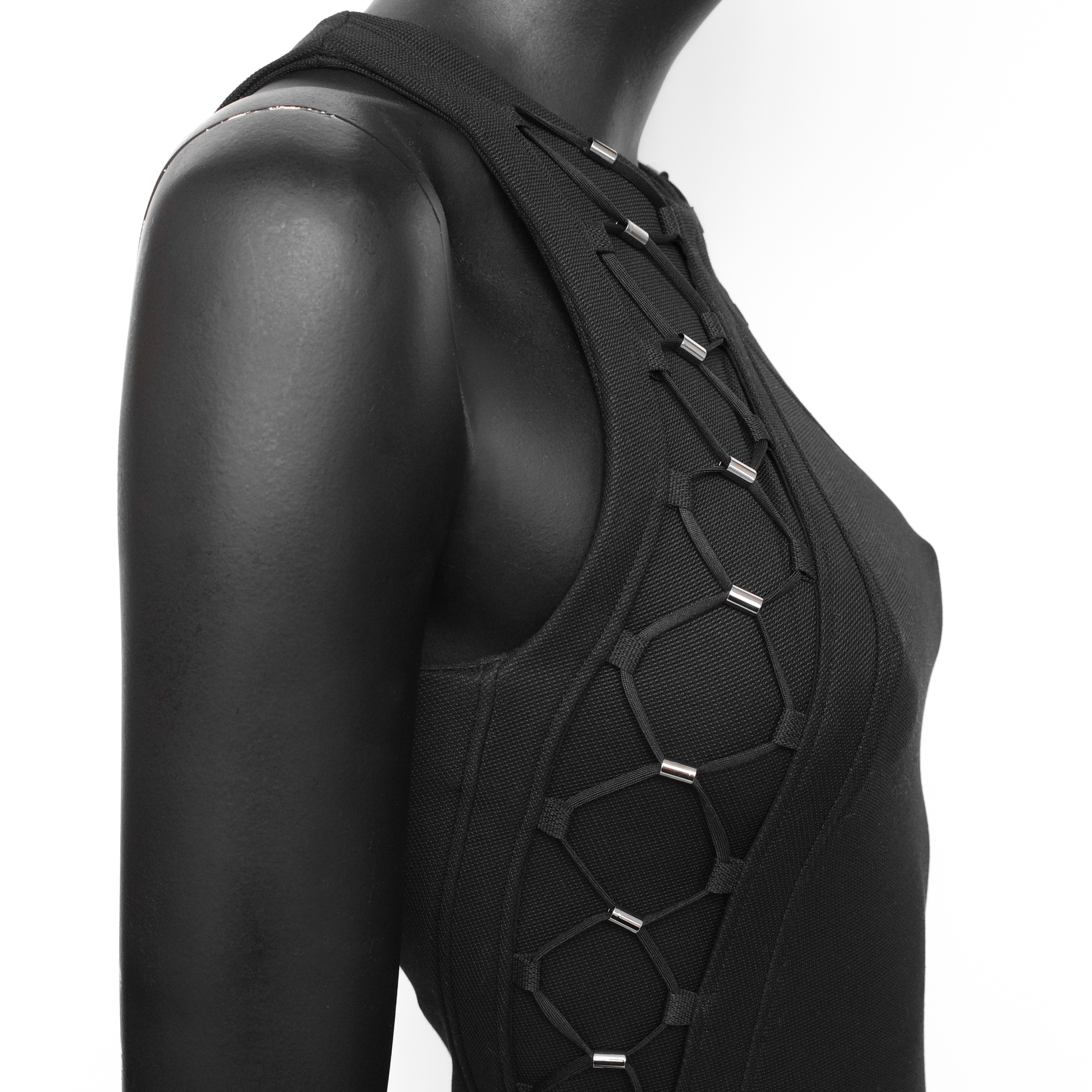 Gucci SS 2010 dress designed by Frida Giannini with bungee-inspired lace up detailing on the sides and upper chest. Size S. Available at Artefact Archive.