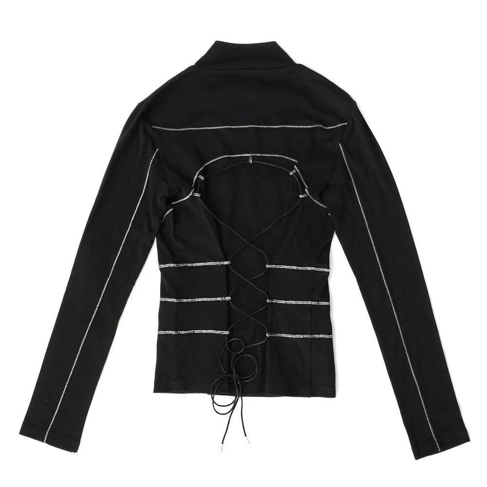 Issey Miyake SS 2004 Contrast Stitch Mock Neck Top with Lace Up Back