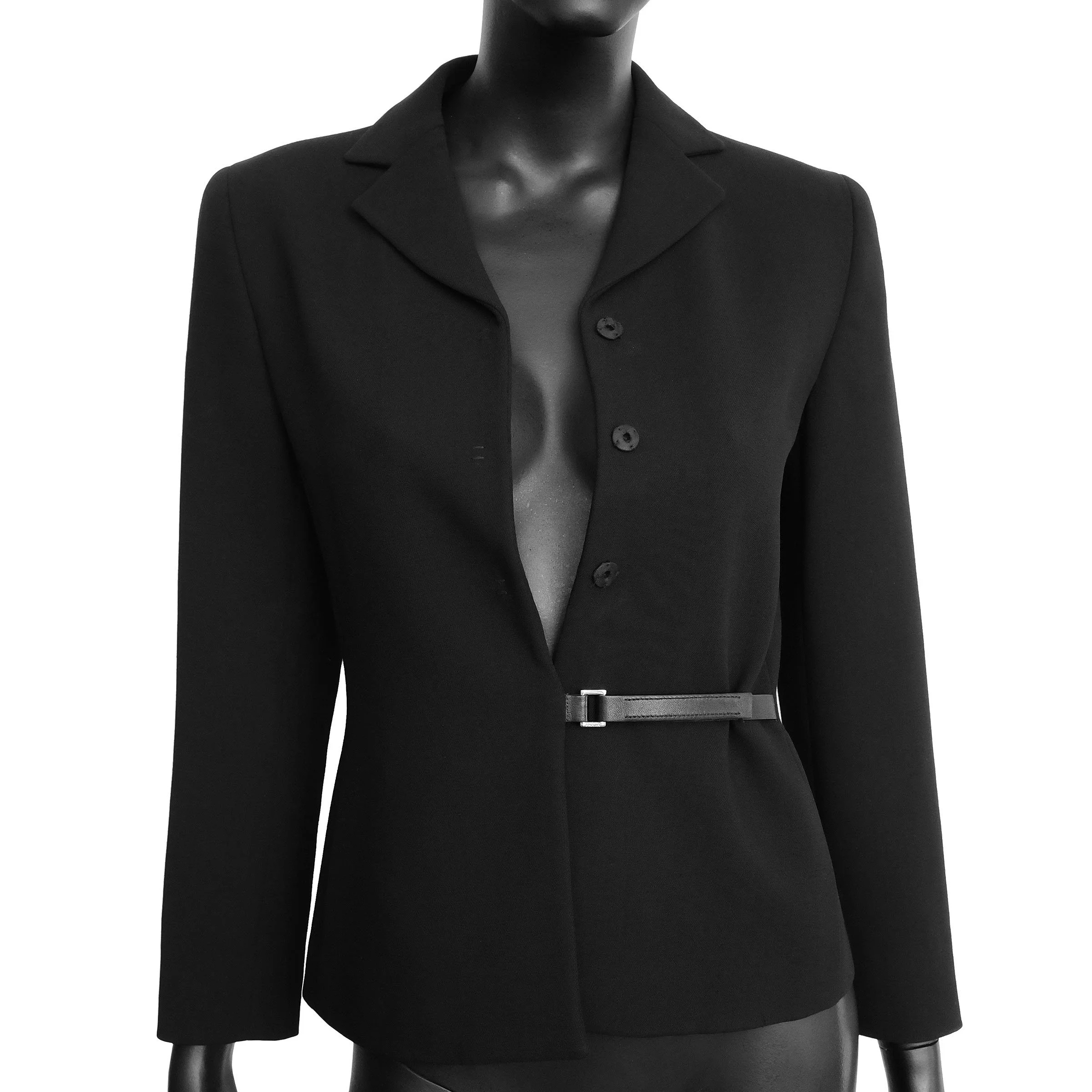 Prada FW 1999 wool blazer with a leather buckle strap velcro closure and leather trims. Size IT 40 / UK 8. Available at Artefact Archive.
