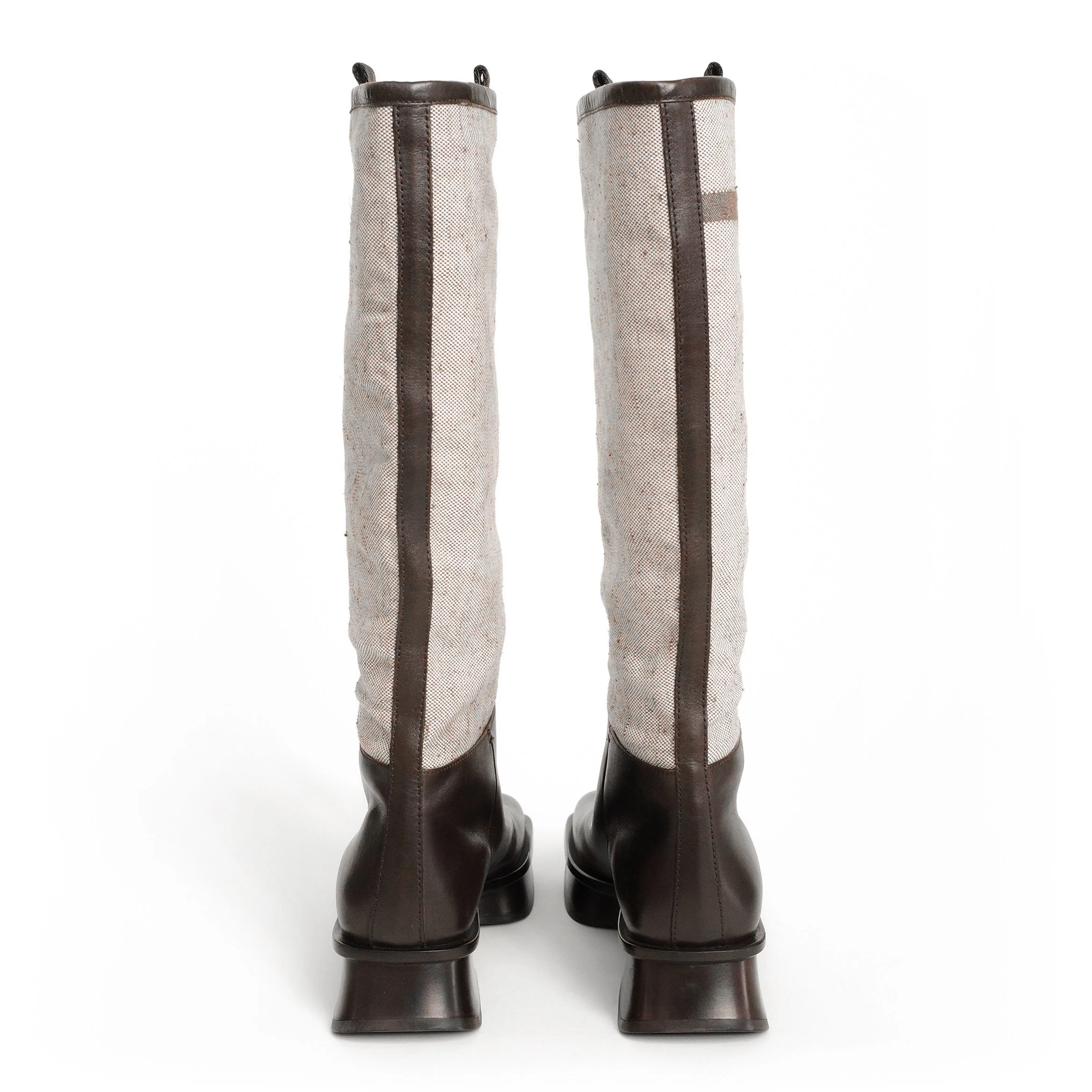 Prada SS 1999 split sole knee boots composed of canvas and leather. Size EU 37 / UK 4. Available at Artefact Archive.
