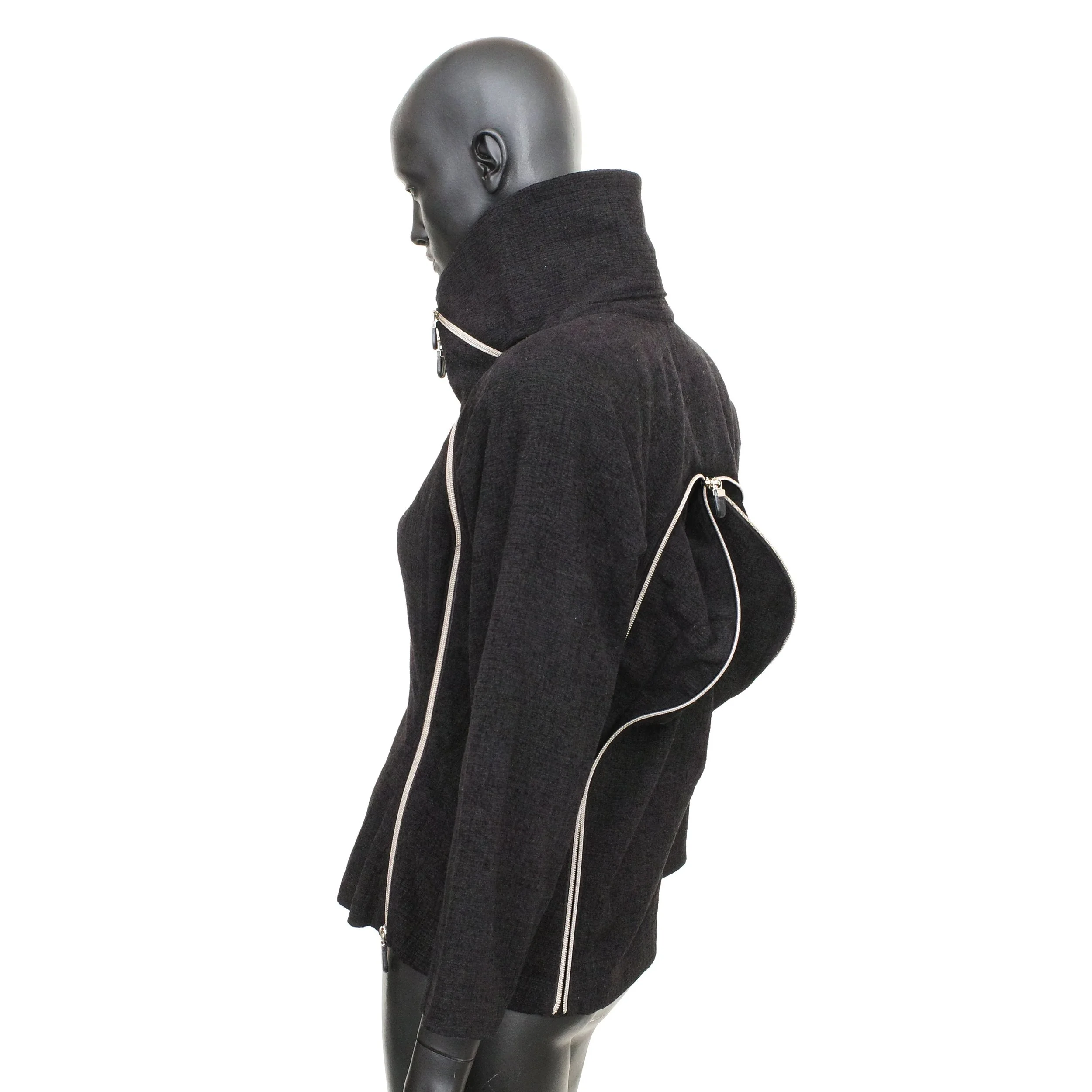 Issey Miyake FW 1991 runway multi-zip transformable jacket with subtle shoulder pads and hidden front side pockets, size XS, available at Artefact Archive