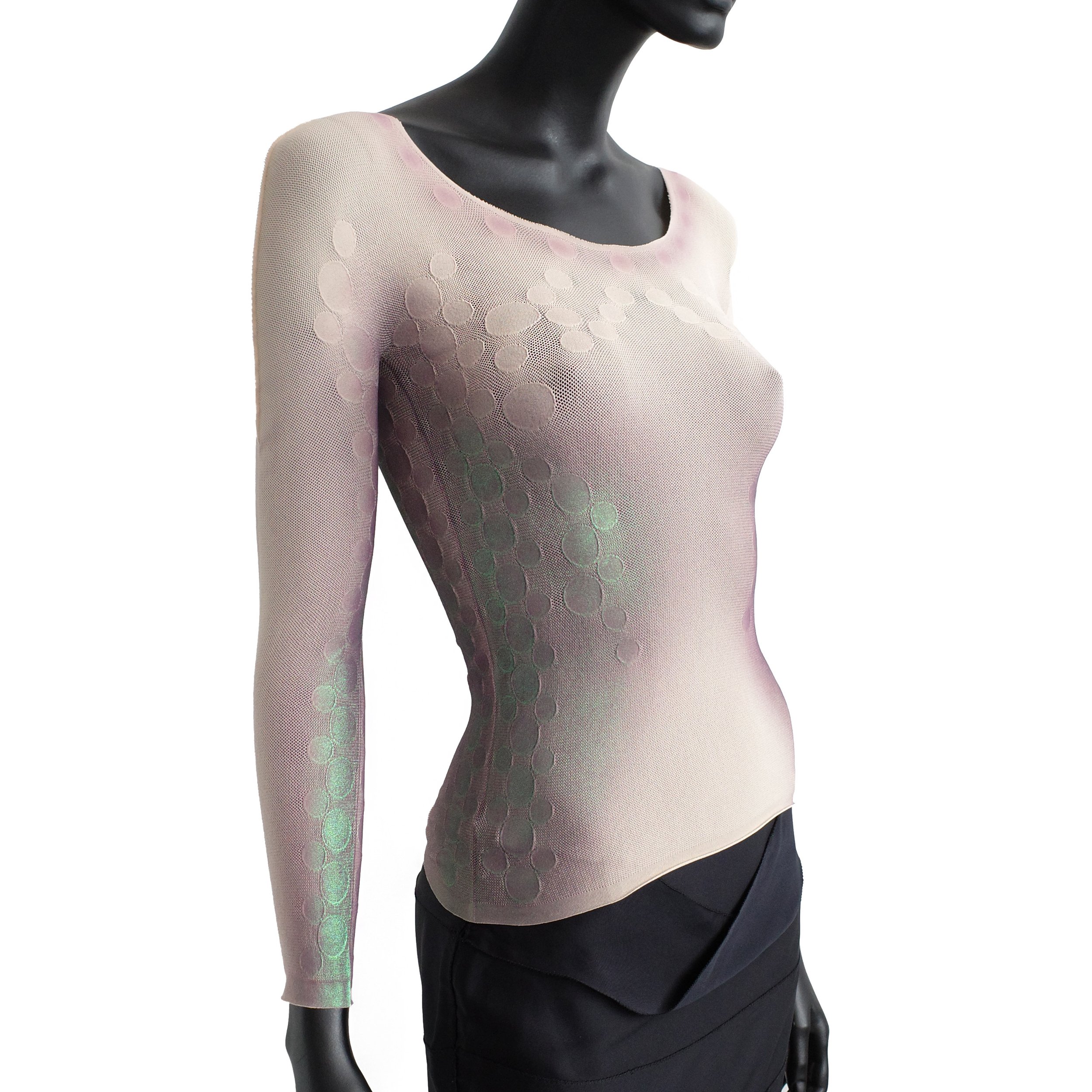 Issey Miyake SS 2005 beige mesh top with a contour spray design, size S, available at Artefact Archive