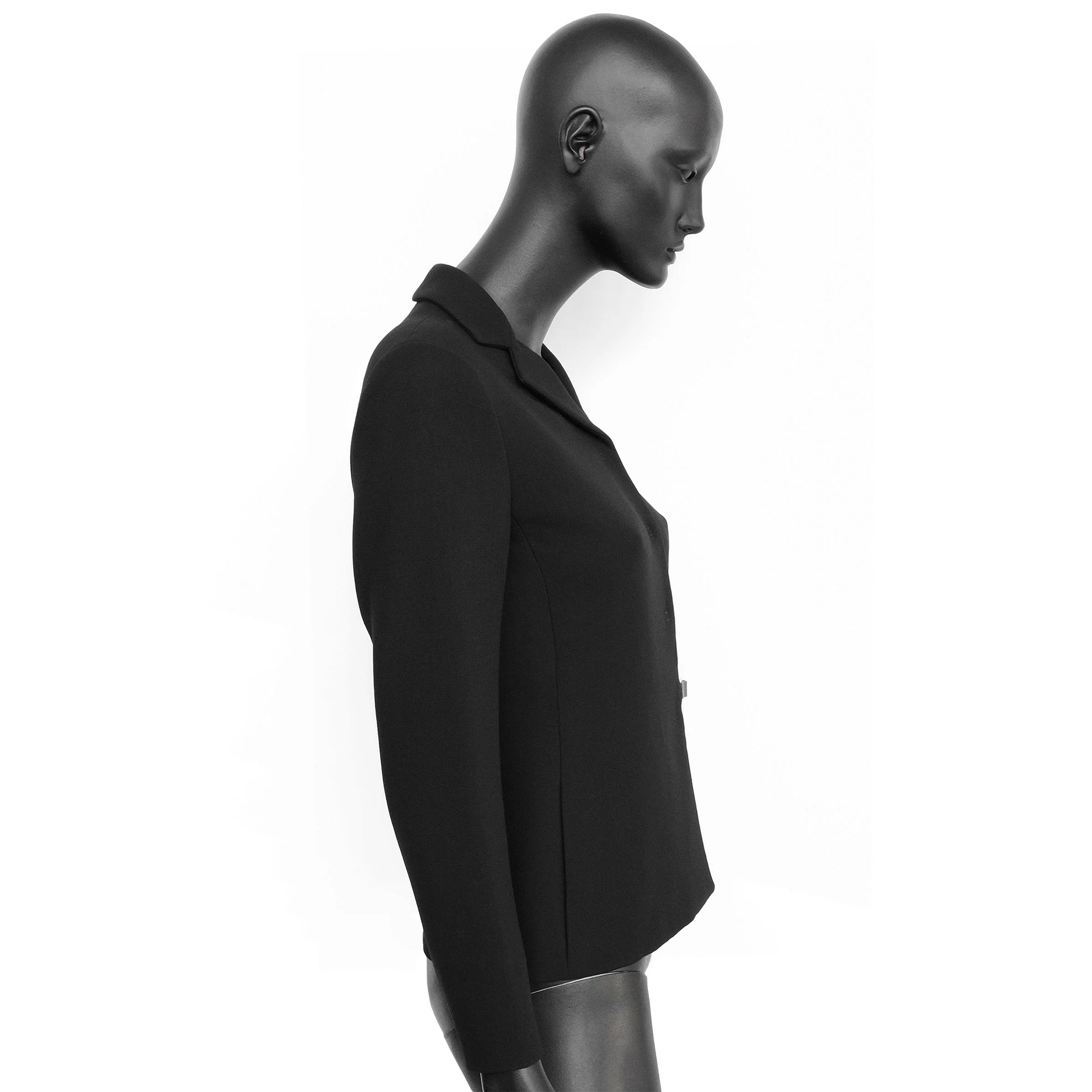 Prada FW 1999 wool blazer with a leather buckle strap velcro closure and leather trims. Size IT 40 / UK 8. Available at Artefact Archive.