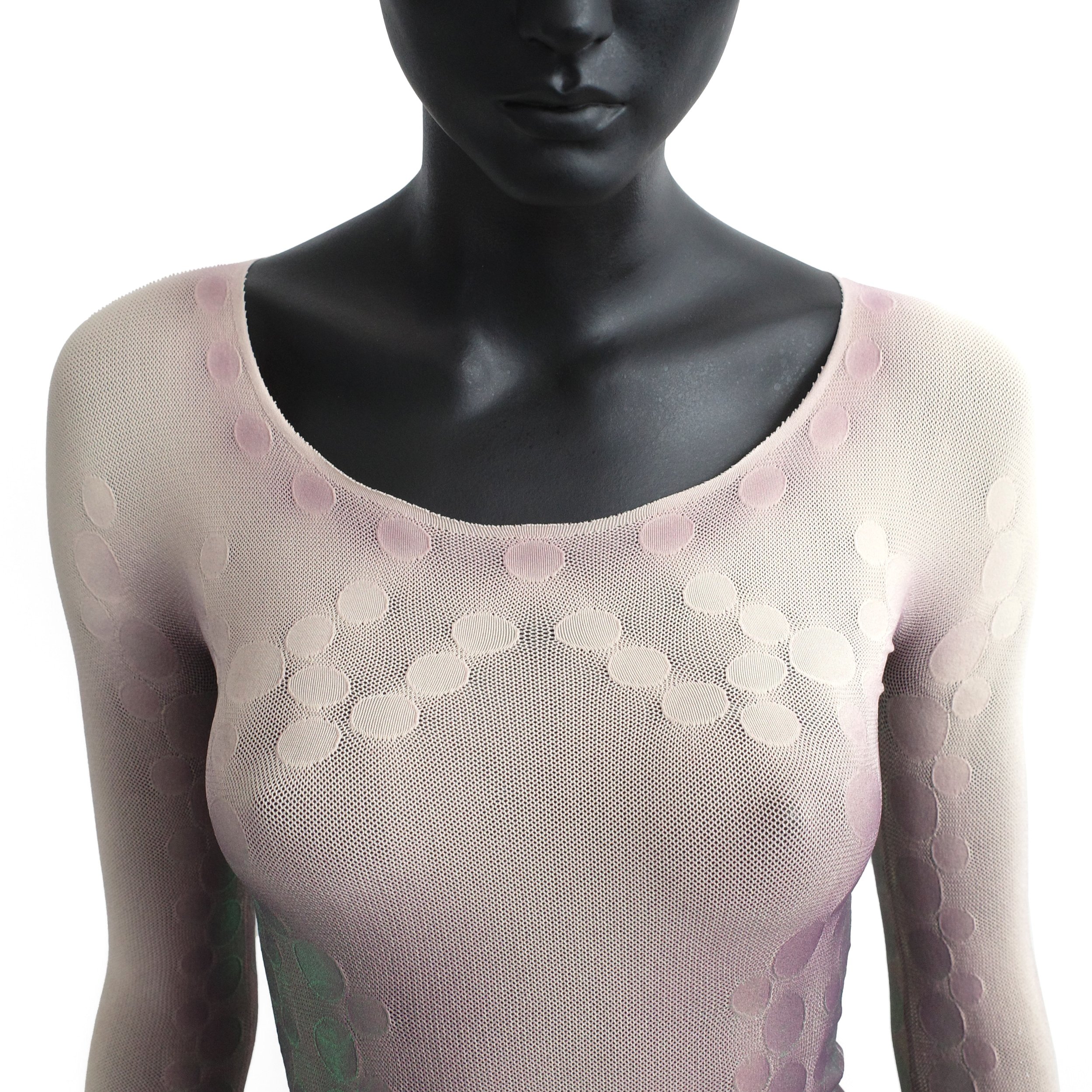 Issey Miyake SS 2005 beige mesh top with a contour spray design, size S, available at Artefact Archive