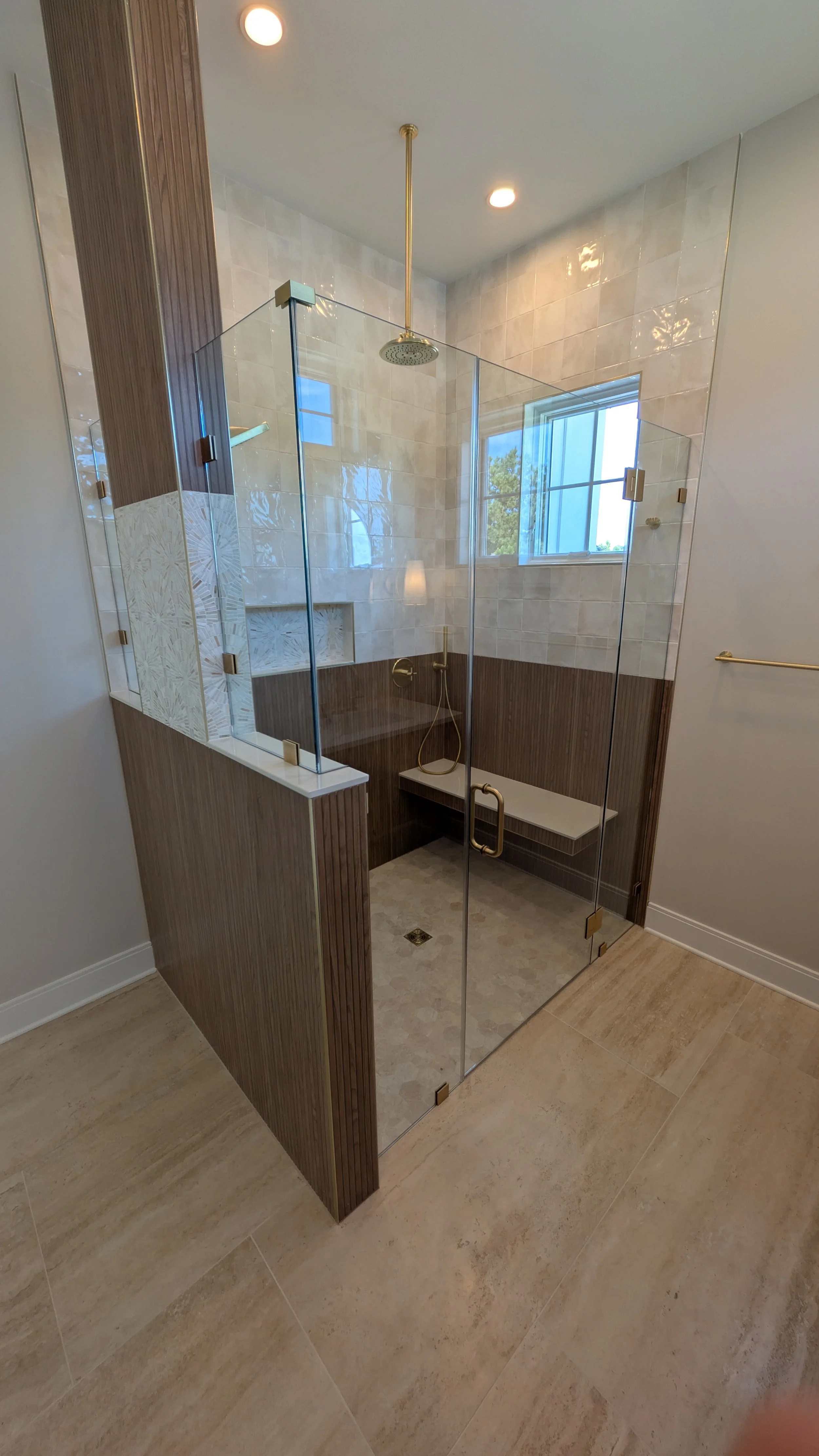 5 - Panel Right Angle- Center Swing Door- Brushed Bronze