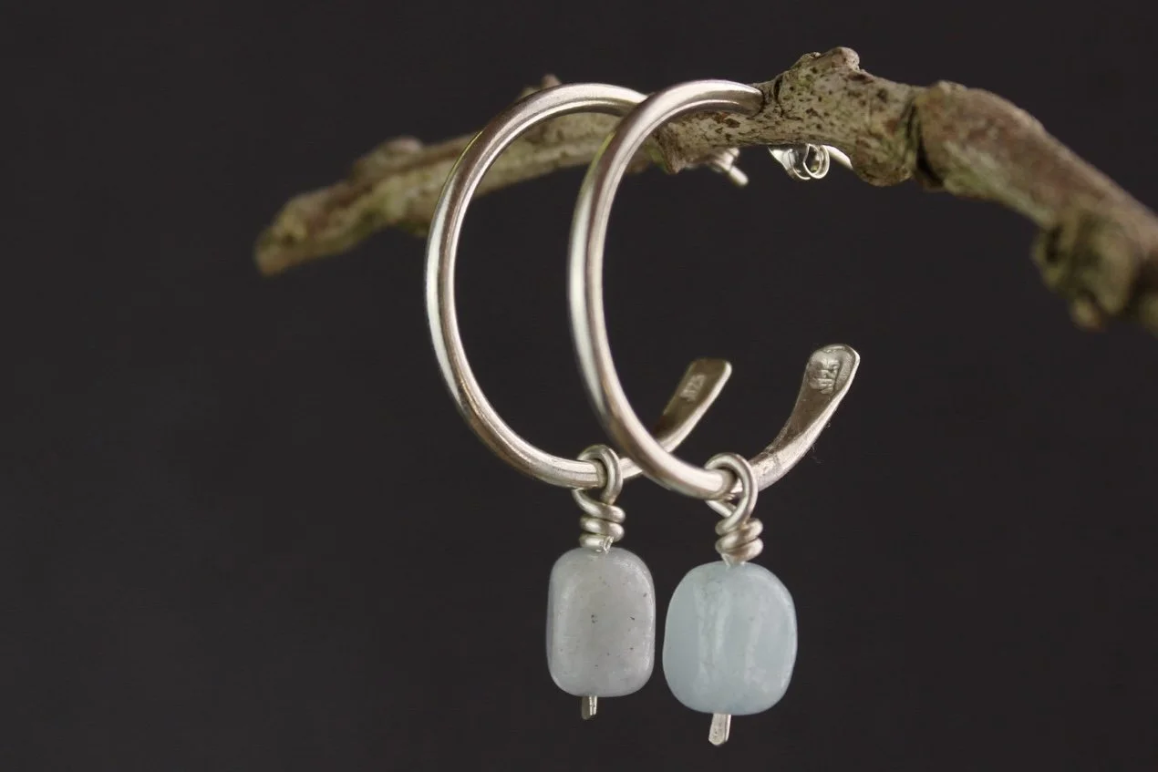 Silver Hoop Earrings with Natural Aquamarine Bead Charms